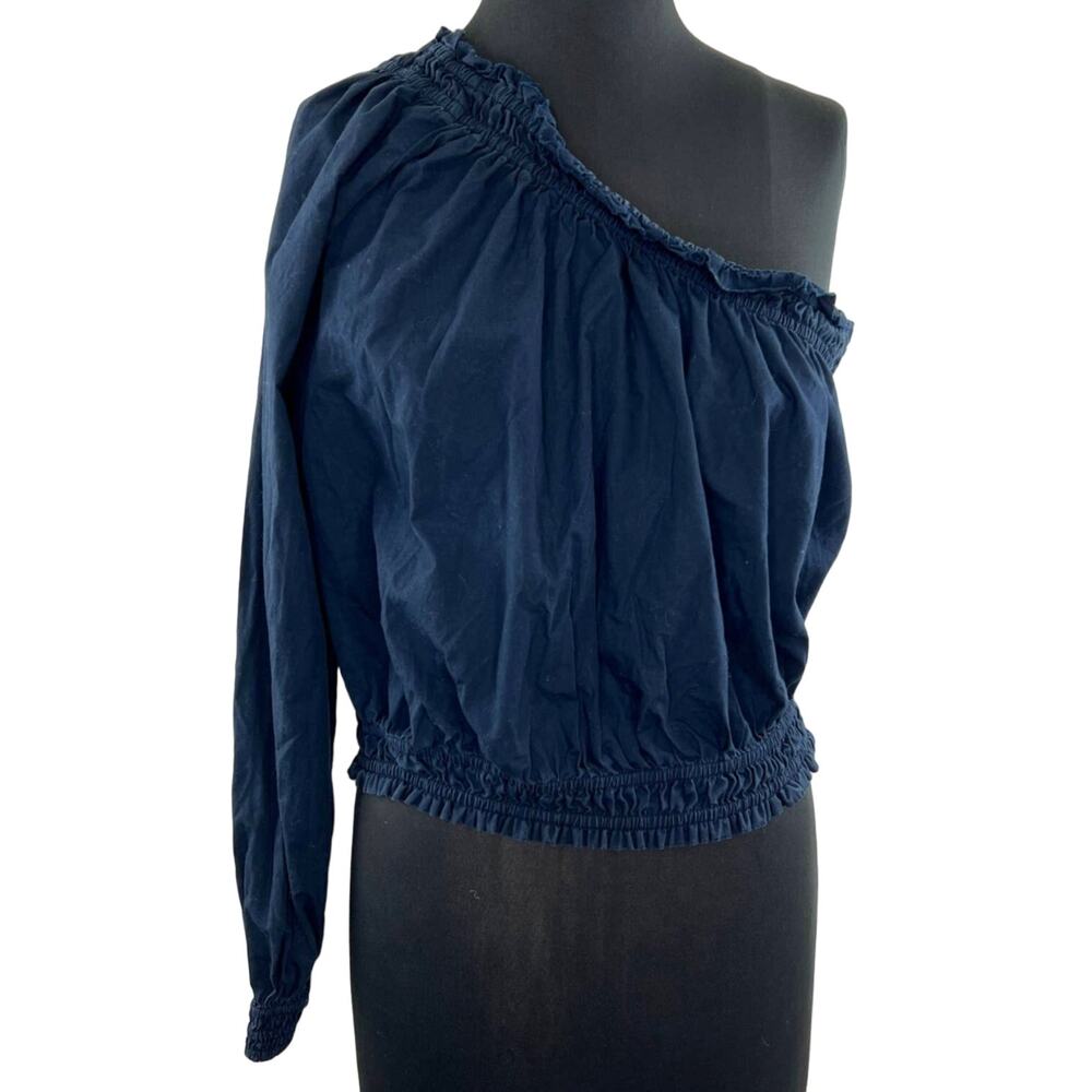 Free People Navy Blue Long Sleeve Women's Cotton One Shoulder Blouse Top Size L